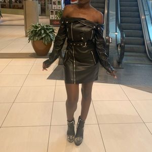 Faux leather off shoulder biker dress